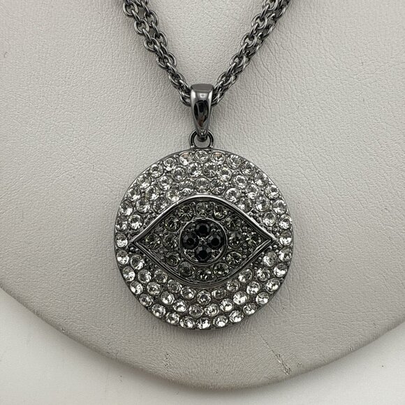 Joan Boyce Necklace Evil Eye Angel Eye Talisman Silver Tone Black Rhinestone - Picture 3 of 13